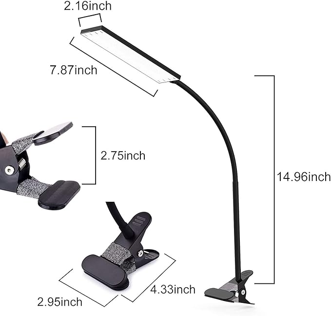 LED Desk Lamp - Dimmable Eye-Care Reading Light with Adjustable 3 Color Modes, 14 Brightness Levels, Flexible Gooseneck Clip-on Light for Studying, 5W-Black
