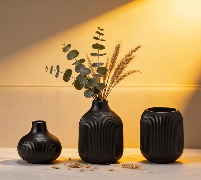 Black Ceramic Vase Set 3 Modern Style Decor Farmhouse Home Living Room Dining Table Room Desk Pottery Small Vases