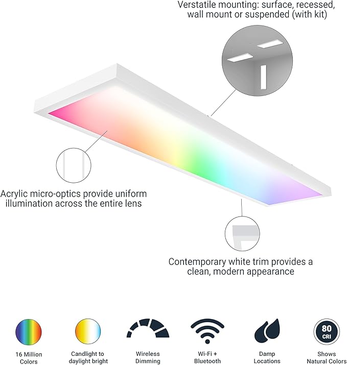 Metalux MMS 1x4 Smart Wi-Fi LED Panel Light with WiZ Pro Technology, Full Color + Tunable White Smart Lighting, Home Automation Integration, 11.69 x 1.44 x 47.69 in