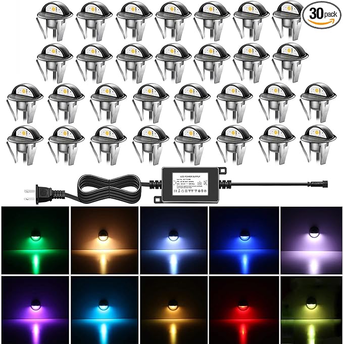 30PCS Low Voltage LED Deck Lighting Kit,0.2W-0.4W Low Voltage Multi-Color RGB Stainless Steel Waterproof Outdoor Landscape Garden Yard Patio Step Decoration Lamps LED In-ground Lights (RGB)