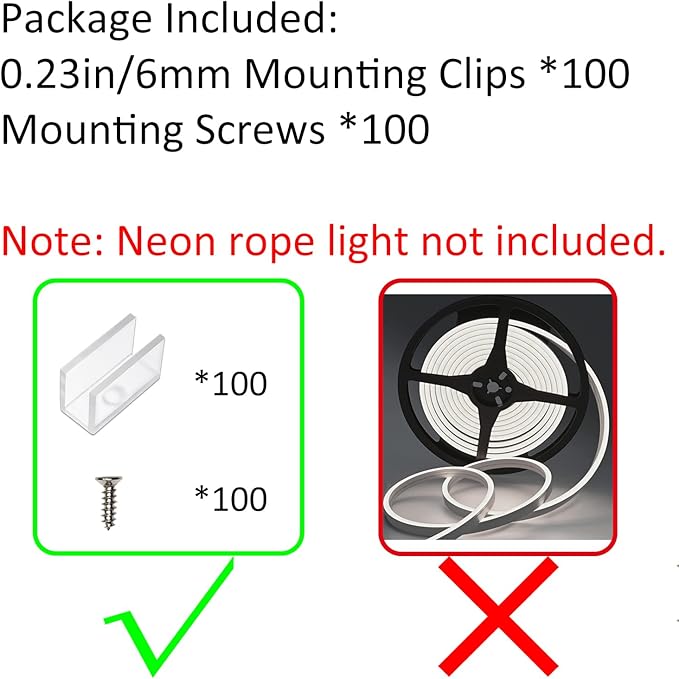 Neon Rope Light Mounting Brackets, 100PCS Install Fixing Clips Accessories for 6x12mm Silicone LED Flex Strip Lighting, DIY (100 Screws, 100 Clips)