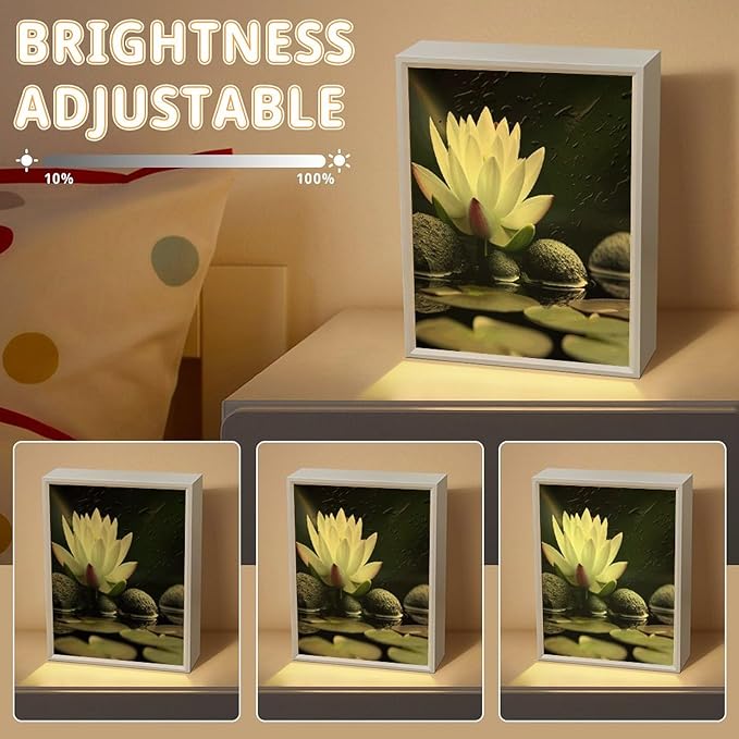 Acrylic LED Night Light, Lotus and Black Zen Stones Print Contemporary Lamp Bright Night Light Bedside Lamp Perfect for Bedroom,Bathroom Ideal Gift