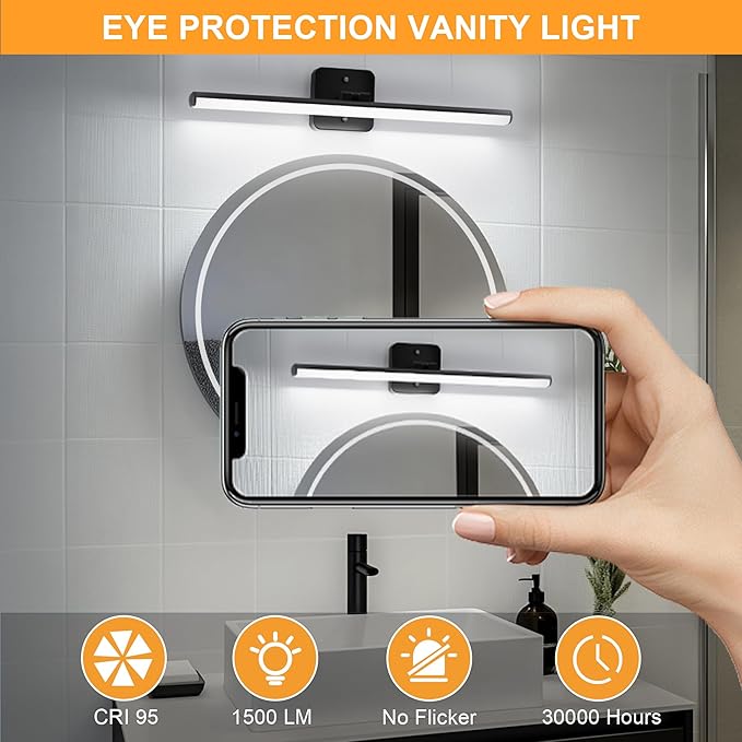 Sailstar Upgraded Bathroom Light Fixtures 23 inch Rotatable, Dimmable 15W 5CCT 1500LM IP44 Modern Bathroom Vanity Light Over Mirror, Built-in Dimmer, Black Vanity Lights for Cabinets Mirror