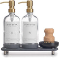 [Luxury] Kitchen Soap Dispenser Set - 16OZ Clear Glass Bottle, Stainless Steel Pump, Instant Dry Tray, Waterproof Labels, Non-Slip Silicone Pad, and Dish Brush | Upgrade for Your Kitchen and Bathroom