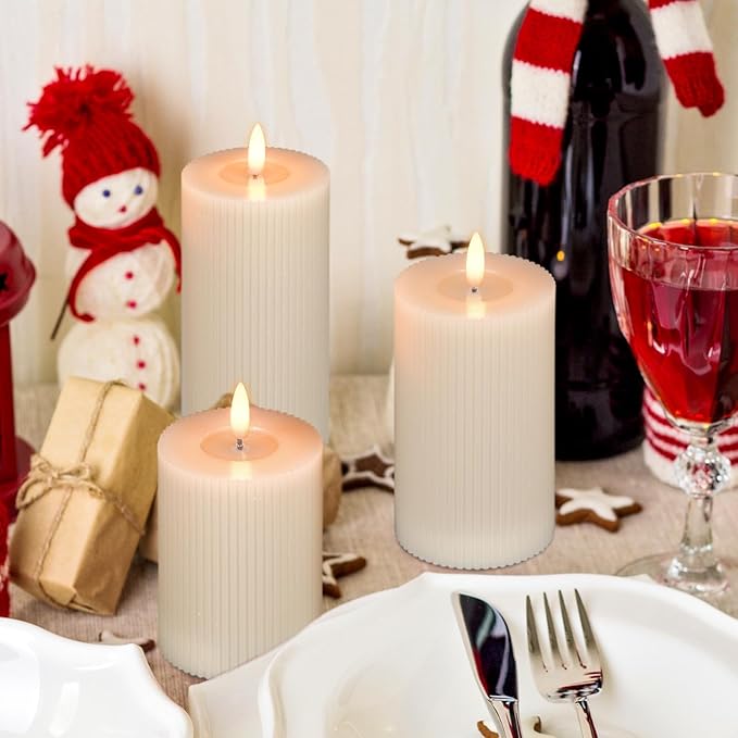 DRomance Battery Operated Flameless Candles with 6 Hour Timer 3 Pack Real Wax Vertical Stripe 3D Wick Flickering LED Pillar Candles Dinner Wedding Christmas Holiday Decor(Beige, 3" D x 5", 6", 7" H)