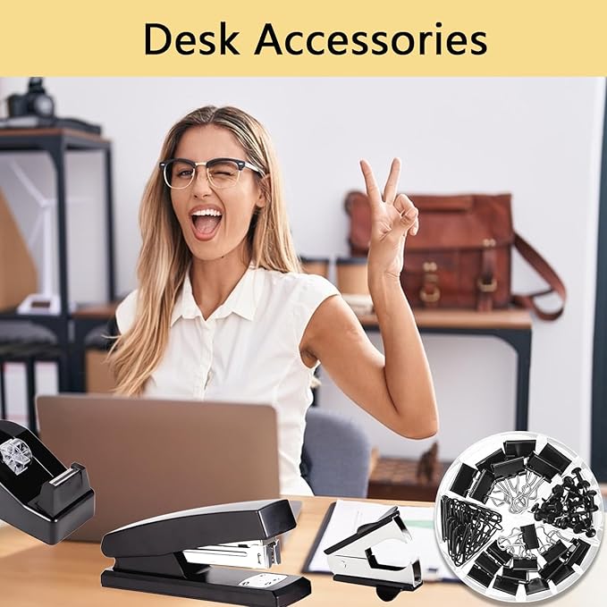 Office Supplies,Desk Accessories,Tape Holder,Stapler,Scissor,Staple Remover,Box of Binder Clips,Staples,Ballpoint Pen,Lndex Tabs,Clear Tape,Office Supplies Set(Black)