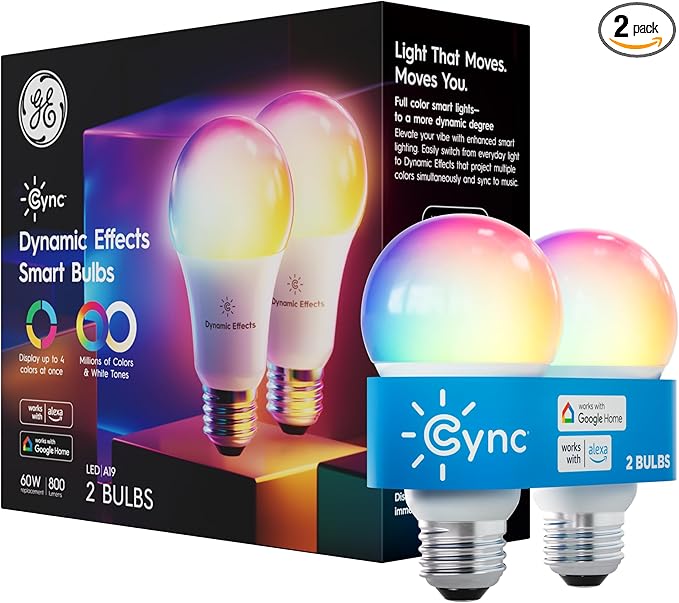 GE Cync Dynamic Effects A19 LED Smart Light Bulbs, Bluetooth and WiFi Color Changing Lights with Music Sync, Compatible with Alexa and Google Home (2 Pack)