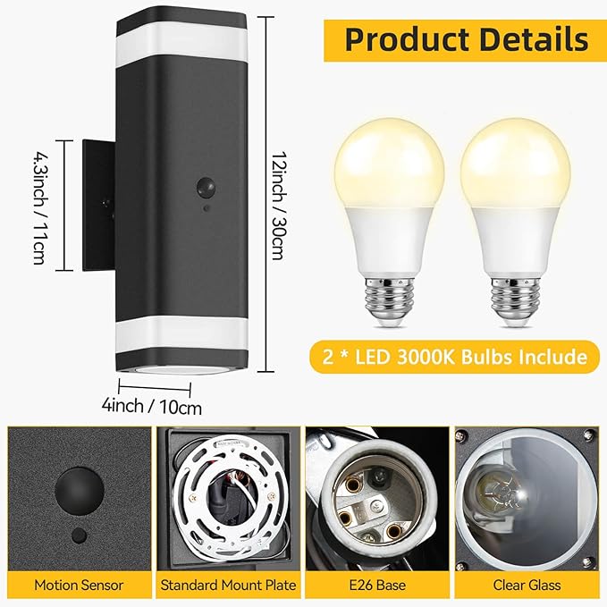 SHIMR Motion Sensor Outdoor Wall Light, Modern Dusk to Dawn Up Down Sconce with 3 Modes, Waterproof Exterior Light Fixture for Porch Garage Patio, 3000K LED Bulb Included, Black Finish