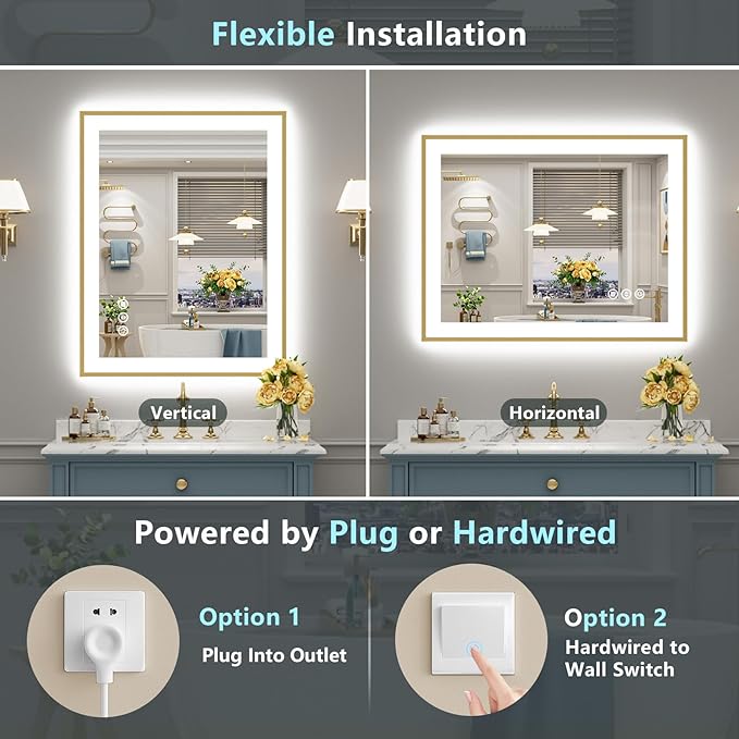 32x36 Gold LED Bathroom Mirror with Lights, Brushed Gold Framed Backlit and Front Lit Anti-Fog Lighted Vanity Mirrors for Bathroom Wall, Dimmable, 3 Colors, Memory, HD Tempered Glass, CRI＞90