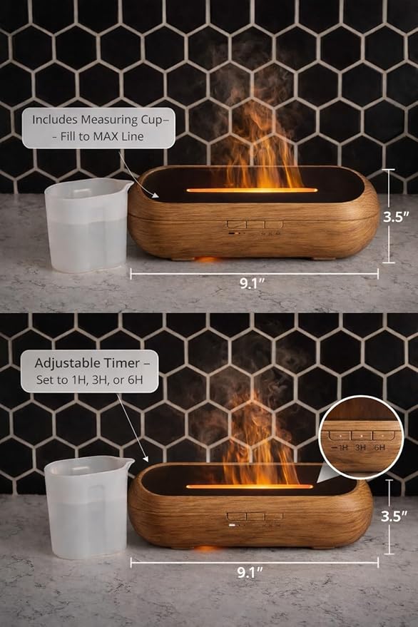 AquaAura Flame Diffuser – Flame Effect Essential Oil Diffuser & Humidifier, 160ml Aromatherapy Diffuser with 7 LED Colors, Cool Mist Humidifier with 1H/3H/6H Timer Auto Shutoff