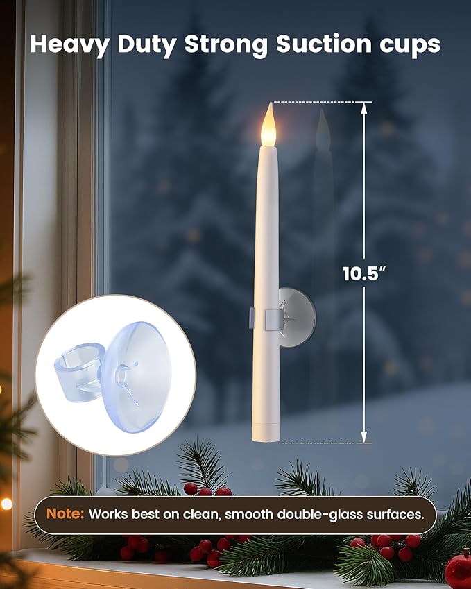 SURAIELEC 10.5'' Battery Window Candles with Suction Cups, Dusk-to-Dawn Window Candles, 3000K Warm White, Flameless LED Candle for Indoor Xmas Windows, 6 Pack (Rechargeable Battery Not Compatible)