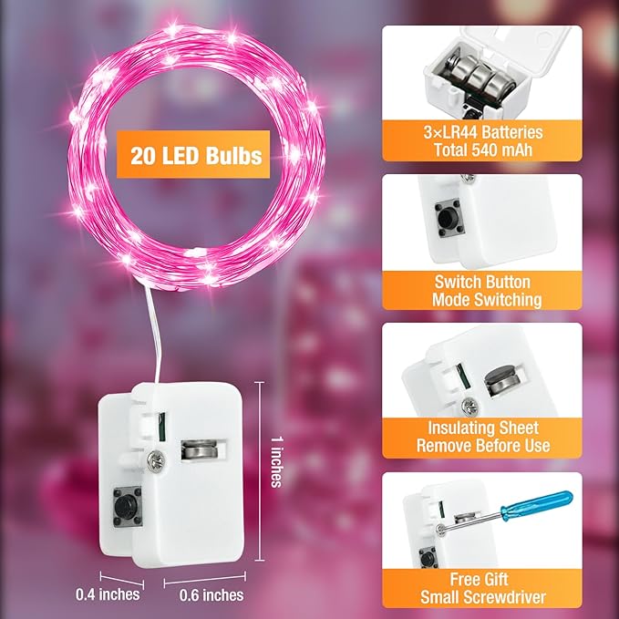 12 Pack Fairy Lights Battery Operated - 7ft 20 Led Twinkle Lights 3 Modes, Bulk Mini String Lights Waterproof for Mason Jars Vases DIY Party Wedding Decoration Valentines Day - Pink