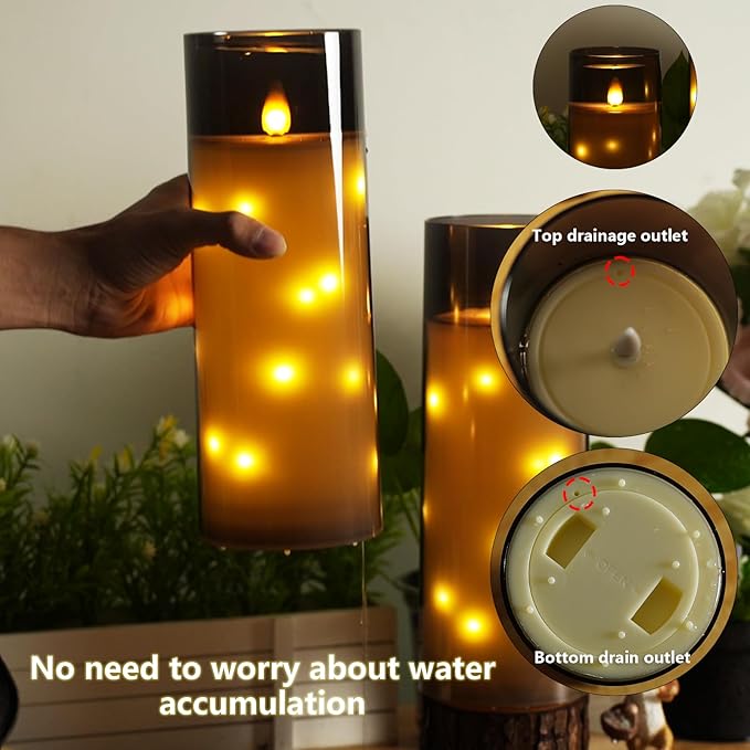 11" x 4" Large Outdoor Waterproof Flameless LED Candles with Remote and Timer,Acrylic Pillar Candles Battery Operated with Embedded Star String for Porch,Patio,Outdoor Decor,Set of 2(Grey)