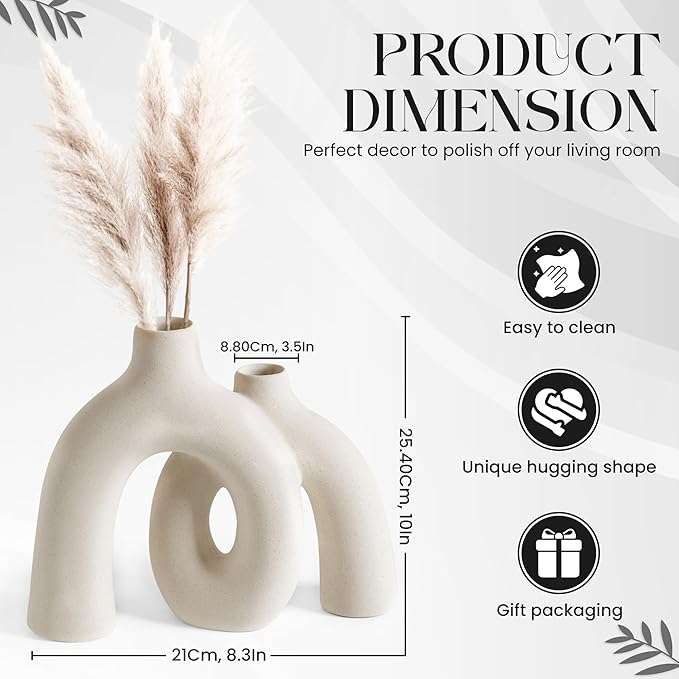 Ceramic Hug Vase (Creamy White) Modern Donut Style Hugging Vases for Flowers Minimalist Decor – Hollow Ceramic Waterproof Home Decor Vases for Living Room, Bed Room, Book Shelf, Entryway, Table