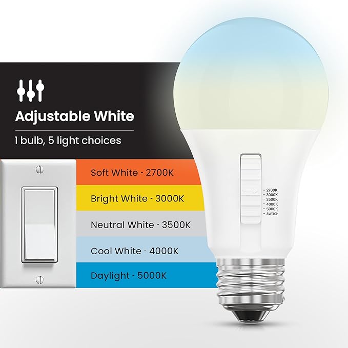 Feit Electric A19 LED Light Bulb, 75W Equivalent, Dimmable, Color Selectable 6-Way, 5CCT, E26 Medium Base, 90 CRI, 1100 Lumens, Damp Rated Lightbulb, 22-Year Lifetime, OM75DM/6WYCA/2, 2 Pack