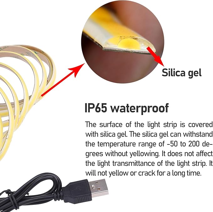 DC 5V USB COB LED Strip Light Warm White 3000K Dimmable IP65 Waterproof CRI 93+ USB Powered 6.6ft/2M 640LEDs High Brightness Flexible LED Tape Lights