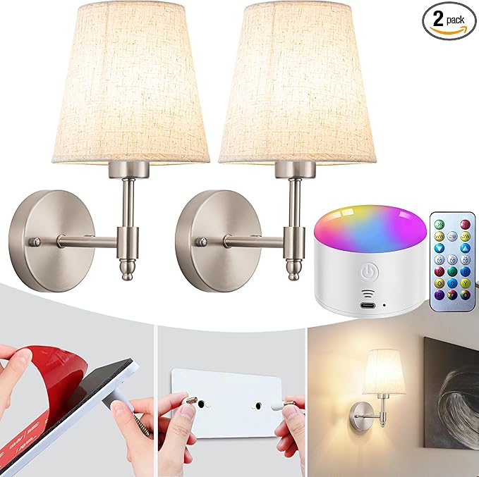 Peel and Stick Wall Sconces, No Drilling Stick On Wall Sconce, Wireless Battery Operated Wall Lights, Adhesive Wall Lamp with 10000mAh Battery Bulb for Bedroom Living Room Decor