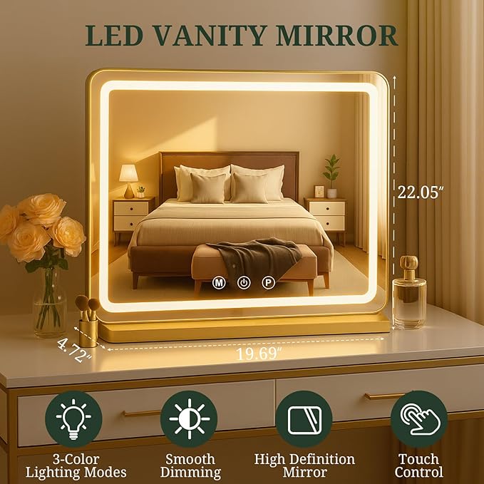 Vanity Mirror with Lights, LED Makeup Mirror with 3-Color Dimmable Lighting, Smart Touch Control, Memory Function, Tabletop Lighted Mirror for Bedroom, Dressing Room