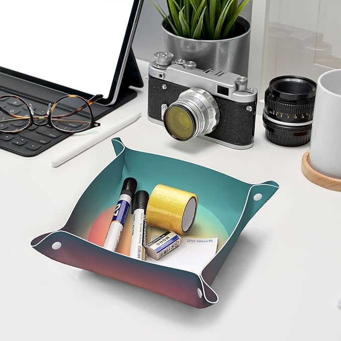 Minimal Teal and Peach Gradient Circle Valet Tray Leather Desktop Storage Organizer Bedside for Jewelry Keys Coin Candy