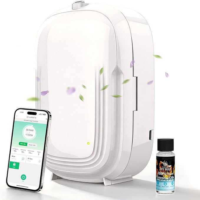 Waterless Essential Oil Diffuser,Home Hotel Aromatherapy Air Scent Diffuser with Smart APP & 3 Timer,1000 sq.ft Coverage|Whole House Oil Diffusers for Large Room,Office,150ML-Quite,On Wall,Gift-White