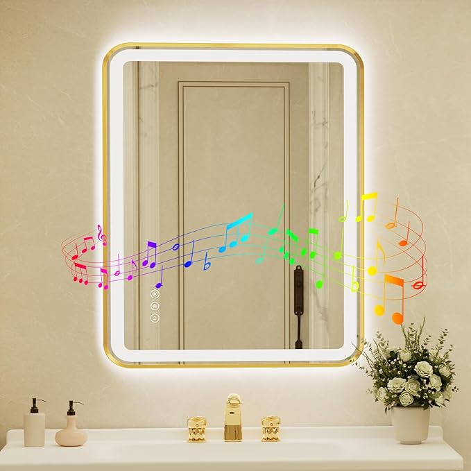 28x40 Inch Gold Framed LED Bathroom Mirror with Lights, Built-in Bluetooth Speaker,Tempered Glass,Dimmable Lighted Bathroom Vanity Mirror with 3 Colors, Backlit + Frontlit, Memory, Anti-Fog