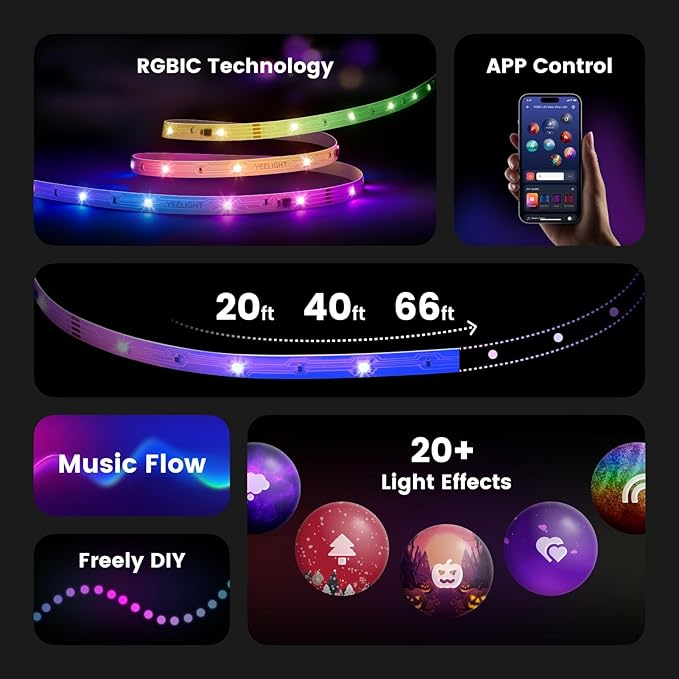 YEELIGHT LED Strip Lights, 66FT Smart Light Strips with 360 LEDs & Music Sync, RGB Color Changing Light with Bluetooth Connected and APP Control, Lights for Bedroom, Home Room Decor, Party, 2x33FT