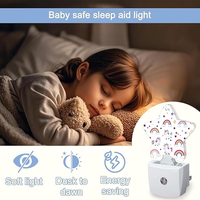 Unicorn Rainbow Nightlight,Colorful Stars Star Night Lights Plug into Wall Decorations for Bedroom Bathroom,Dusk to Dawn Sensor Kitchen Hallway Stairs Energy Efficient Desk Lamp