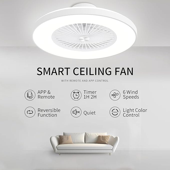 24" Enclosed Ceiling Fan with Light, Low Profile Bladeless Ceiling Fan for Bedroom, 6-Speed Quiet Flush Mount Ceiling Fan with Remote & APP Control, 3-Color Dimmable LED, White