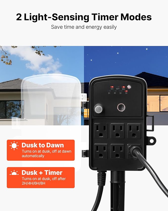 VEVOR Outdoor Power Stake Timer, 50FT Extension Cord, Remote Control Outdoor Power Strip with Cover, Dusk to Dawn Light Timer Waterproof, 6 Outlets for Halloween Christmas Lights, Garden Decorations