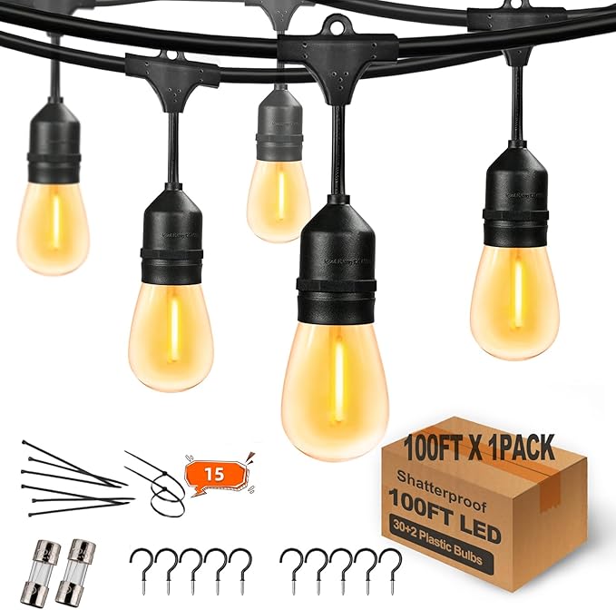 100FT String Lights for Outside Patio Lights with 30+2 Replaceable S14 2200K Warm Bulbs for Outdoor Pergola Backyard Porch, Linkable, Hooks and Zip Ties Included, 1-Pack