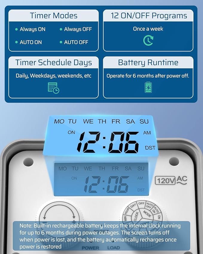 DEWENWILS Pool Pump Timer, Outdoor Digital Timer Box, 2HP 40A 120VAC, 7-Day 12 ON/Off Programmable Timer Switch for Pool Pump, Water Heater, Pool Filter, Landscape Lights, ETL Listed