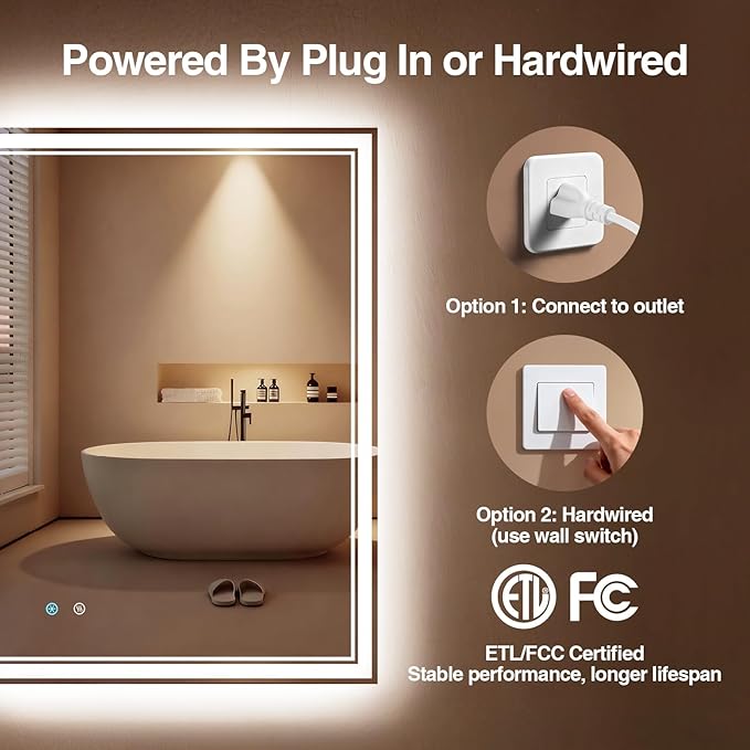 28"x 36" LED Bathroom Mirror with Anti-Fog, Dimmable Backlit + Front Lit, LED Bathroom Vanity Mirror for Wall, Memory Function, Shatter-Proof Glass, ETL Listed(NHYJ7922D)