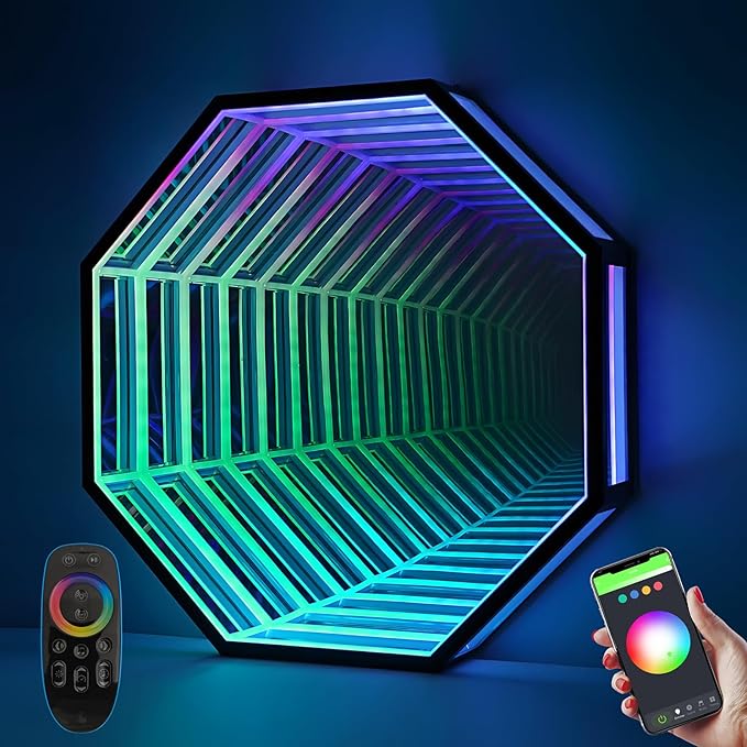 3D Infinity Mirror Light, 19.7" Octagon LED Tunnel Wall Light with 358 LEDs, App & Remote RGB Color Changing Mirror for Gaming Room Decor, Party, Bar, Geometric Art Deco Wall Mounted