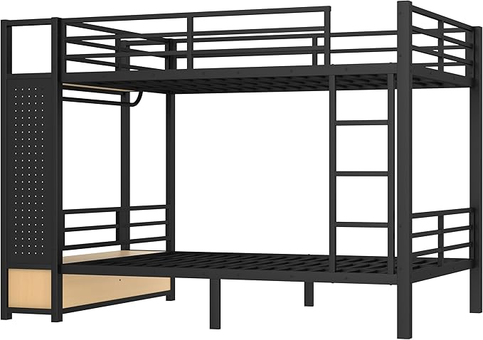 Bellemave Full Over Full Metal Bunk Bed with Storage Drawers and Shelves, Heavy Duty Bunk Beds with Pegboard and Coat Rack for Kids, Adults,Black、
