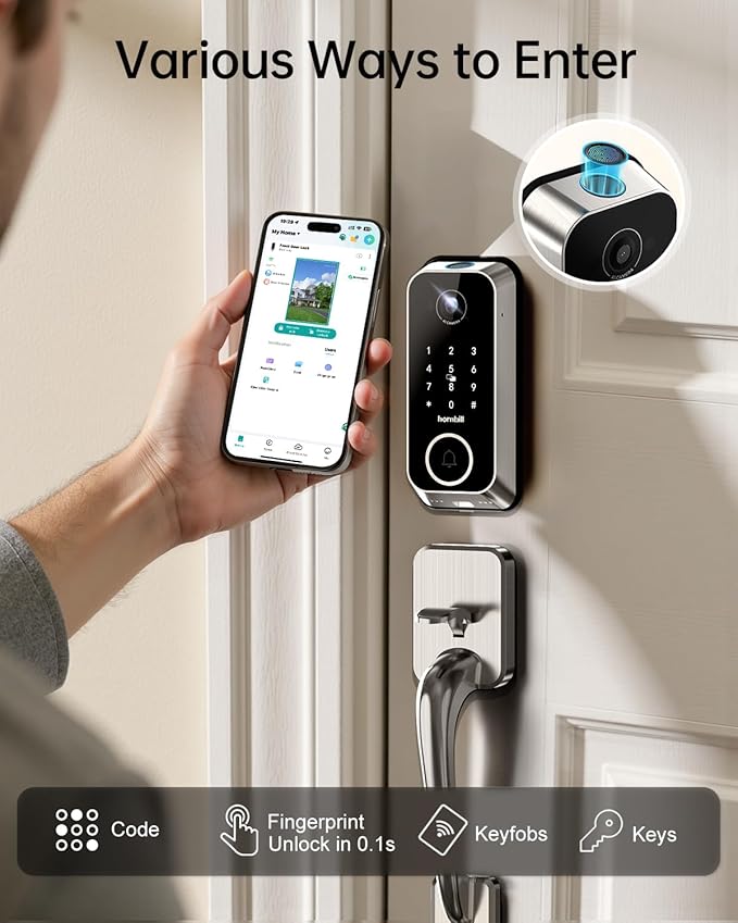 Hornbill Video Smart Lock with Camera: 10-in-1 Ring+2K Camera+Doorbell+Fingerprint Keyless Entry Door Lock, Built-in WiFi Deadbolt(only 2.4G), Two-Way Audio/App Remote Control/PIR, Satin Nickel