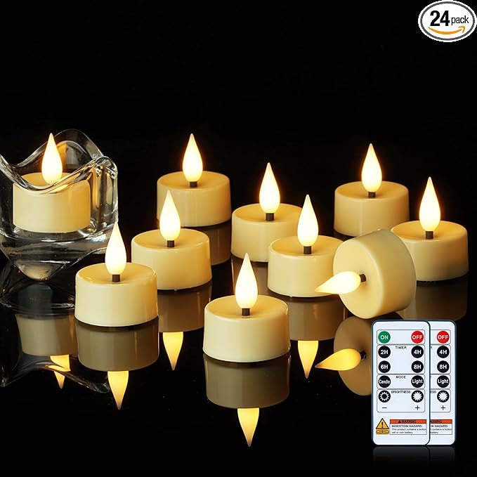 Amagic Flameless Timer Remote Tealights Candles, 3D Black Wick Flickering Tea Lights, 400+Hour Ivory Votive Candles Battery Operated, Set of 24 for Wedding Table Decor, Halloween, Christmas, Holiday