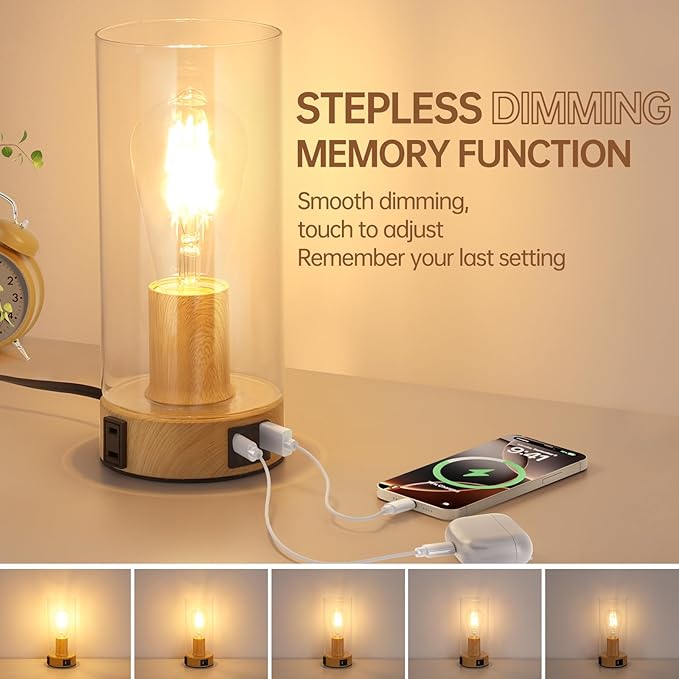 Bedside Table lamp for Bedroom -Touch Lamp with USB-A+C Charging Ports & AC Outlet. Nightstand Lamp with Wood Base Glass. Stepless Dimming Small Lamp for Bedroom, Dorm, Office, Kids Room, Living Room