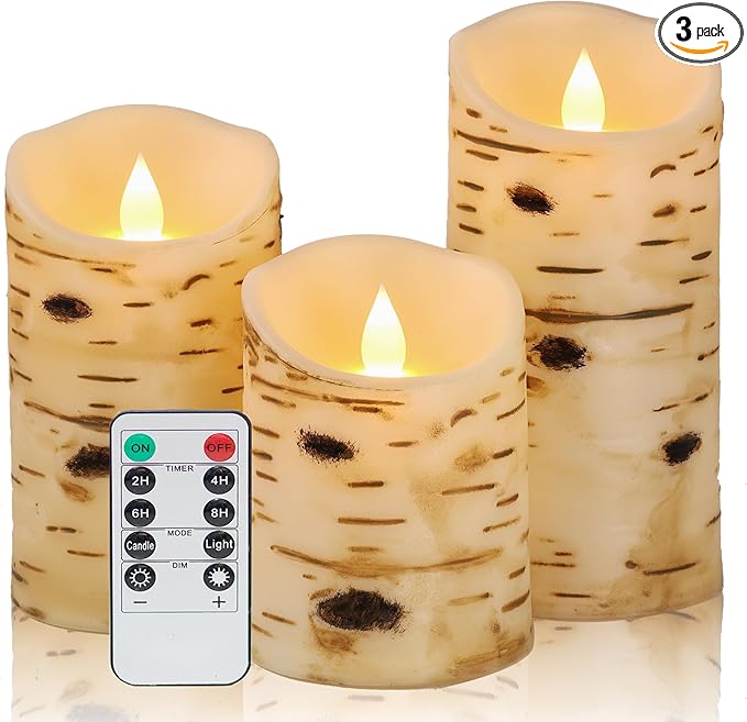 Comenzar Flameless Candles Birch Bark Texture, Flickering Flame Battery Operated LED Candles, Electric Plastic Candles with Remote Timer for Home Decor, Rustic Wedding Centerpiece, Gift Set of 3