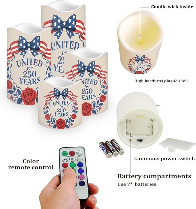 United for 250 Years Fake Candles Flowers Independence Day Battery Led Lights Fourth of July LED Flickering Remote Control Candle Decors for Patio Porch Mantle, 4 Pack