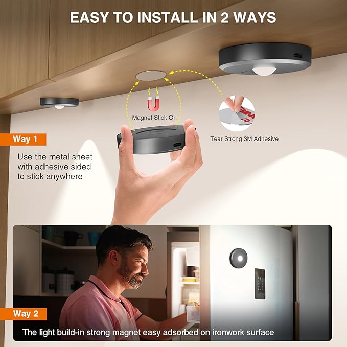 Puck Lights with Remote Control Rechargeable,Wireless Under Cabinet Lighting,2000mAh Battery Operated Tap Push Touch Lights,Stick On Lights for Counter,Shelf,Bookcase (Dark Grey, 3 Pcs)
