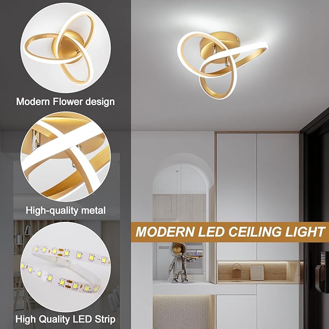 Modern LED Ceiling Light,25cm 22W Flower Shape Gold LED Ceiling Lights, 6000K Cool White Light Lamp, Modern Ceiling Lights for Living Room, Bedroom, Kitchen, Hallway, Office - Brushed Gold
