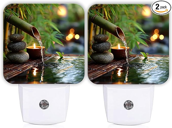 Bamboo Night Lights Plug Into Wall, Zen Natural Stones Water None Green Smart Outlet Plug in Led Night Light Lamp for Living Room Family Room Bedroom Decor 2pcs