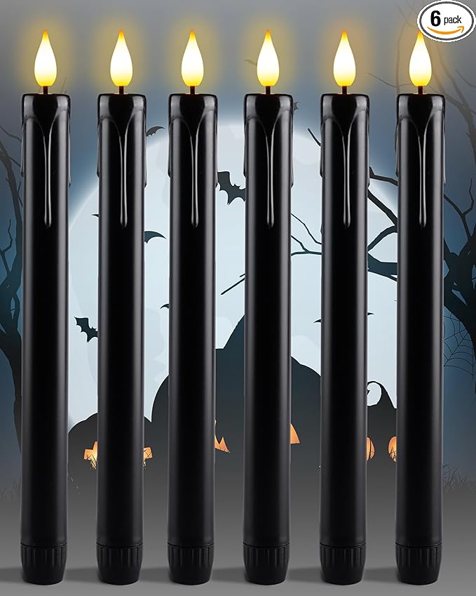 Homemory Black Flameless Taper Candles Flickering, NO Remote, 9.6 Inches Battery Operated, 6 Pcs Realistic Electric LED Candlesticks Made of Plastic for Halloween Party Home Decor