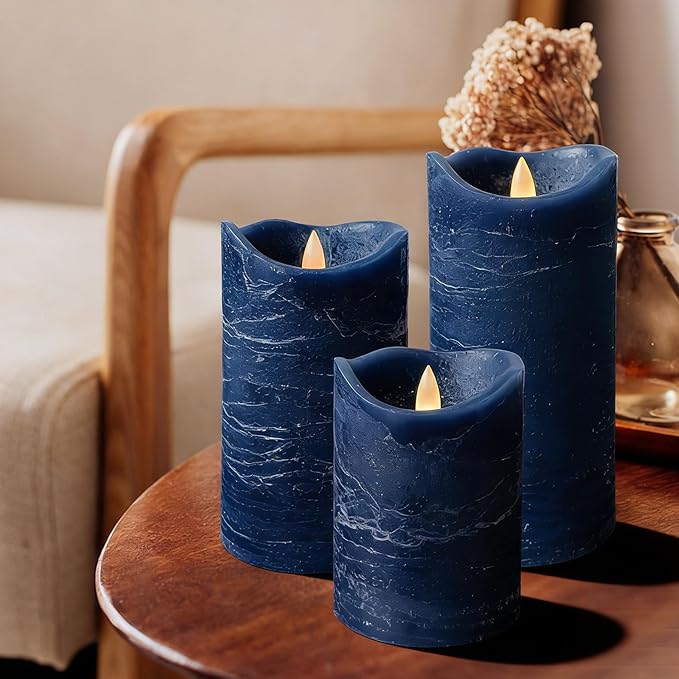 Real Wax Flameless Candles Set of 3 (D 3" x H 4" 5" 6") Battery Operated LED Candle with Timer Home Decorative Pillar Flickering Lights,Wedding Party Events Decor,Navy Blue