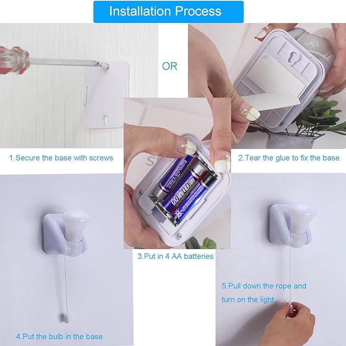2 Pack Battery Operated Light Bulb, Stick-Up Wireless LED Closet Light Bulb, Battery Powered Self Adhesive Wall Mounted Light Fixture with Pull Chain for Cabinet Bedroom Living Room Kitchen