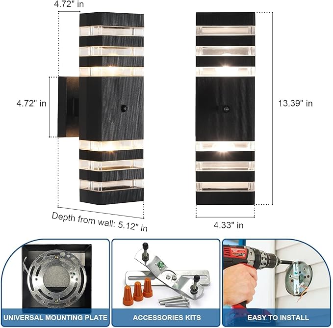 Dusk to Dawn Sensor Outdoor Wall Lights Up Down Porch Lights Modern Exterior Light Fixtures Photocell Waterproof Black Aluminum Housing for Front Porch, Patio, Garage (Use Two E26 Bulbs)