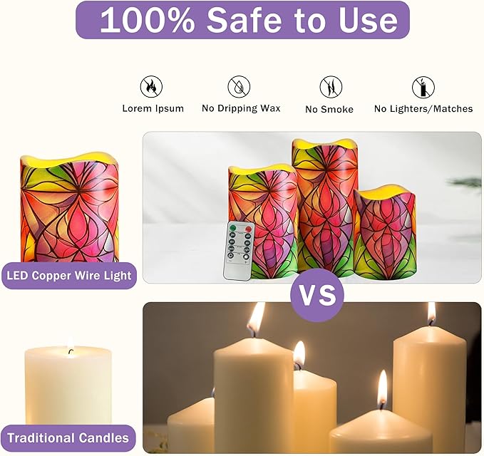 Remote Flameless Candles-Set of 3 Stained Glass LED Pillar Candles Battery Operated Candle with Timer, 4" 5" 6" for Home Window Shelf Decor