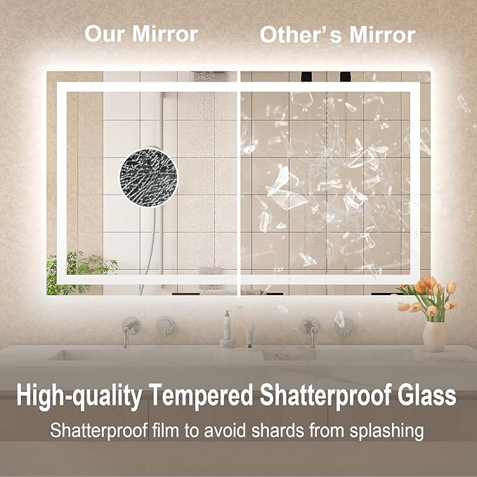 LED Mirror for Bathroom 28x36 Lighted Bathroom Vanity Mirrors with Lights, Brighter Frontlit and Backlit Anti-Fog Mirror, Tempered Glass, Dimmable 3 Colors Light Modes, Memory Function