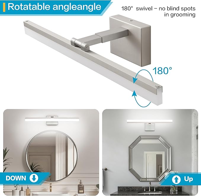 SOLFART LED Vanity Lights Fixtures - 24 inch Brushed Nickel Retractable Modern Bathroom Light Fixture Over Mirror 5CCT