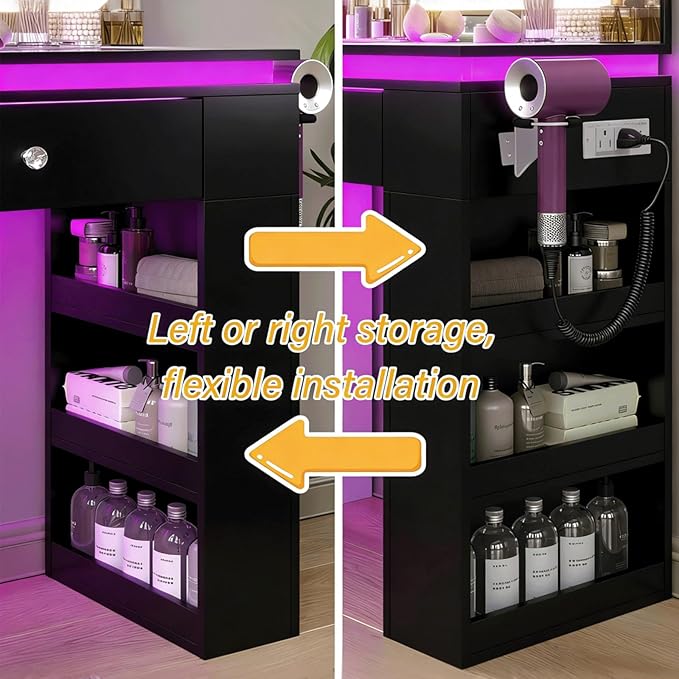 Black Vanity Desk with Illuminated Mirror & Power Outlet, Bedroom Dresser LED Mirror Stepless Dimmable & 3 Color Modes Adjustable RGB Drawers, for Women Girls Bedroom（Pure Black